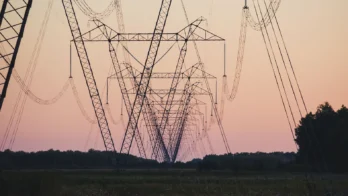 High-voltage transmission towers and power lines stretch across a grassy field at sunset, with trees visible in the background.