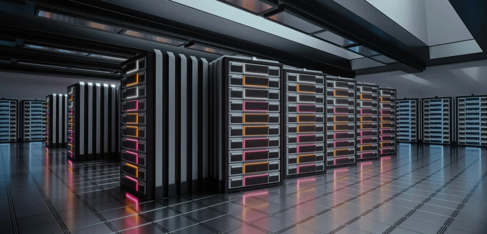 A modern data center with rows of server racks, illuminated by colored lights, on a reflective tiled floor.