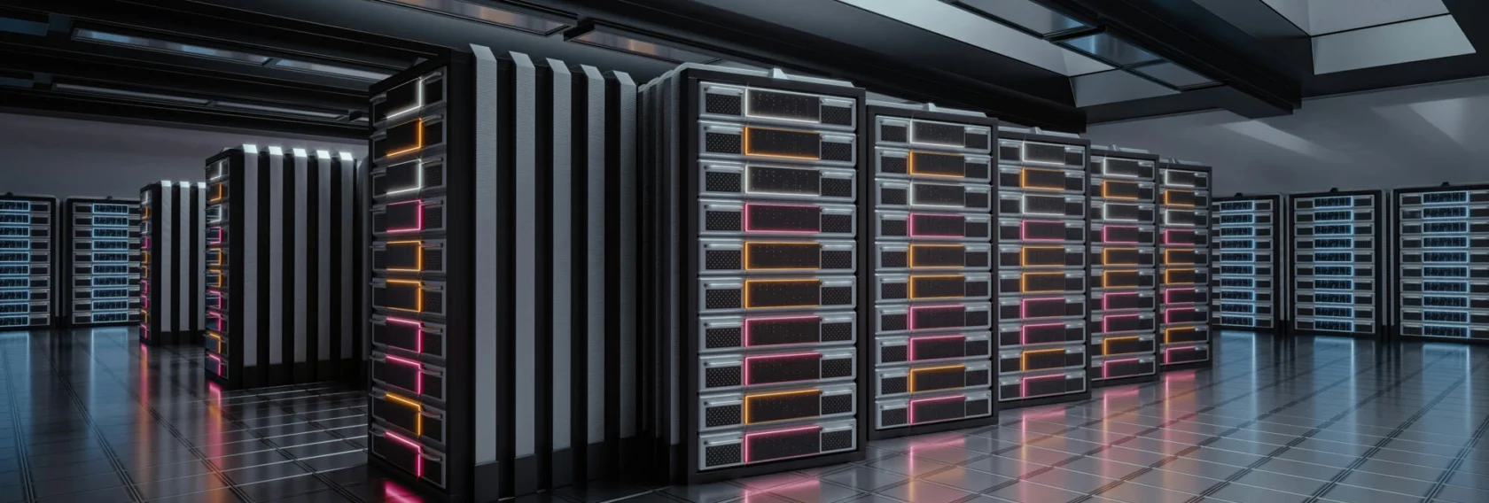 A modern data center with rows of server racks, illuminated by colored lights, on a reflective tiled floor.