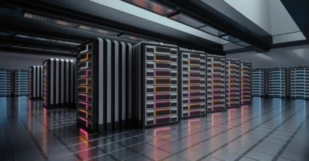 A modern data center with rows of server racks, illuminated by colored lights, on a reflective tiled floor.