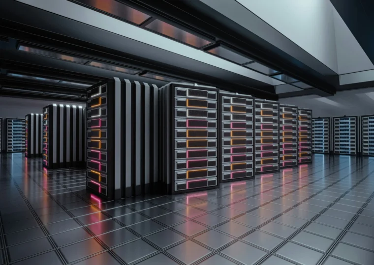 A modern data center with rows of server racks, illuminated by colored lights, on a reflective tiled floor.
