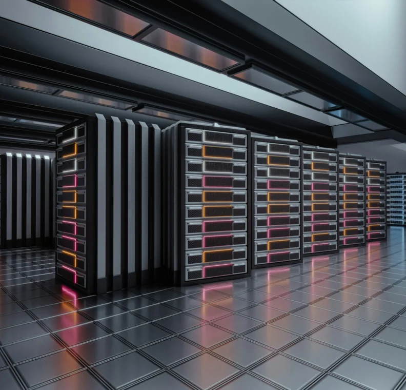 A modern data center with rows of server racks, illuminated by colored lights, on a reflective tiled floor.