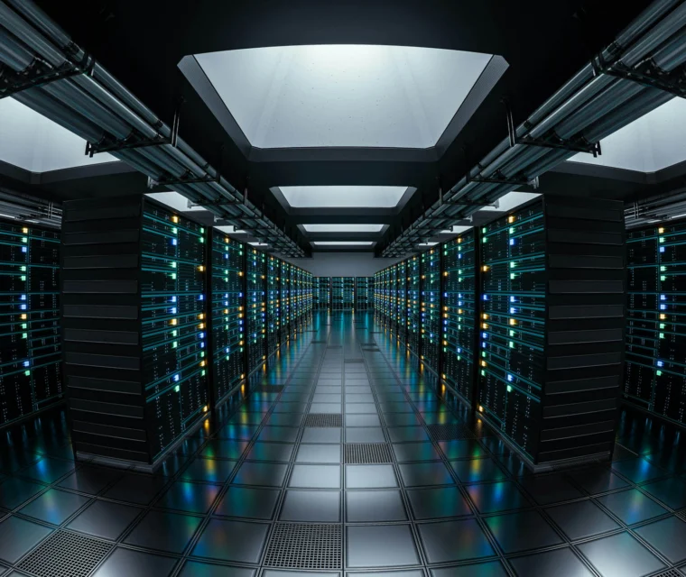 A brightly lit data center with rows of computer servers on both sides, reflective floors, and overhead cable conduits.