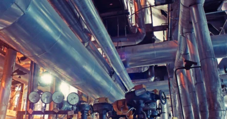 Interior of an industrial facility with large metal pipes, pressure gauges, and control valves visible throughout the space.