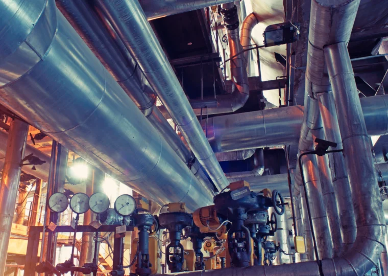 Interior of an industrial facility with large metal pipes, pressure gauges, and control valves visible throughout the space.