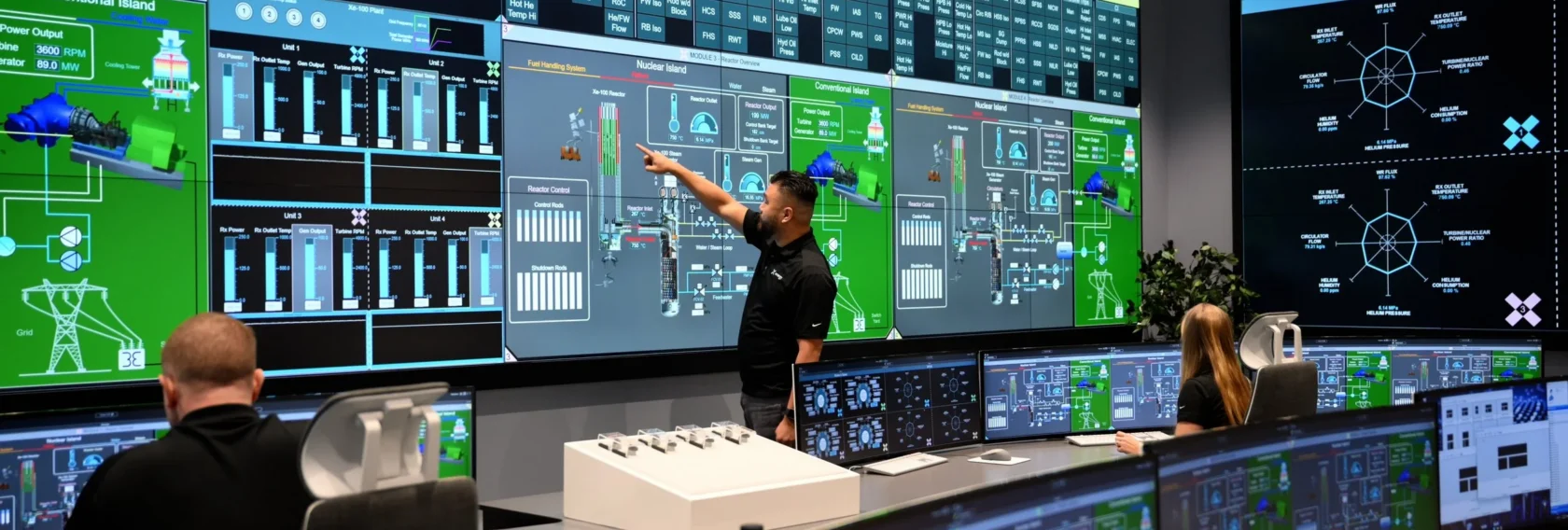 Three people work at desks with multiple monitors in a control room, while one person stands and points at data displayed on large wall screens.