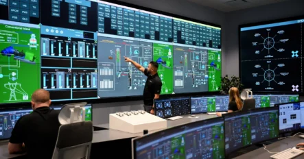 Three people work at desks with multiple monitors in a control room, while one person stands and points at data displayed on large wall screens.
