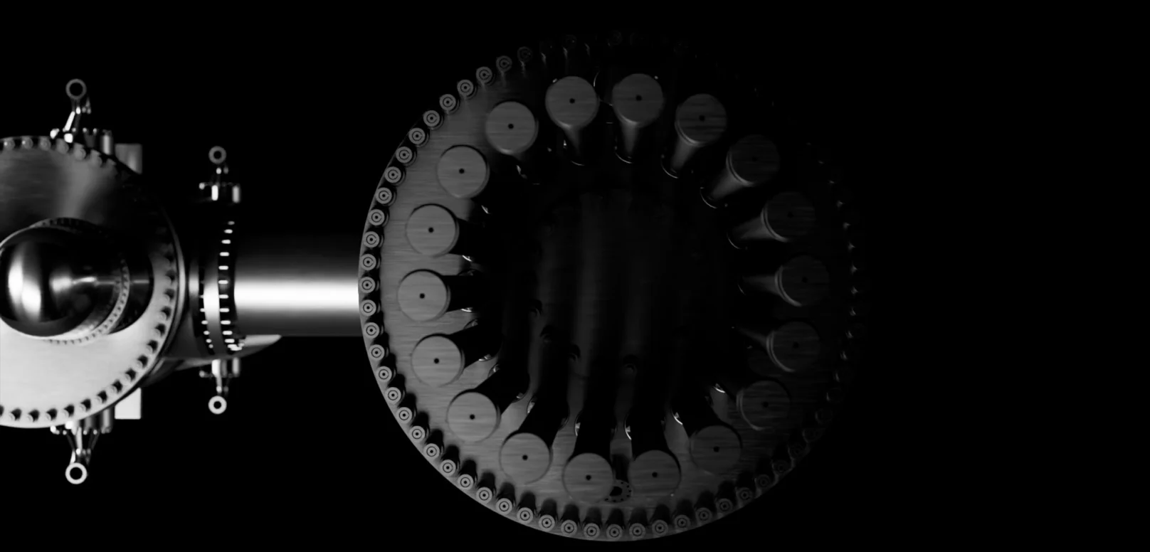 Close-up view of a metallic, cylindrical mechanical device with circular components and gears, set against a black background.