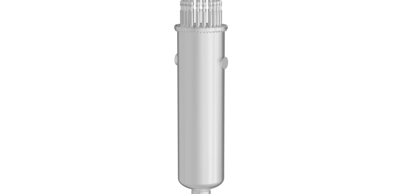Vertical cylindrical metal vessel with multiple tube-like extensions at the top, likely an industrial heat exchanger or filter housing, shown against a plain white background.