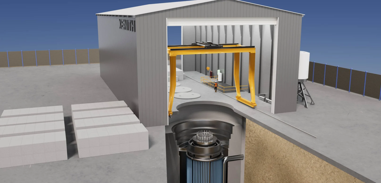 Cutaway illustration of a building housing an industrial facility with visible machinery inside and an underground nuclear reactor shown beneath the structure.