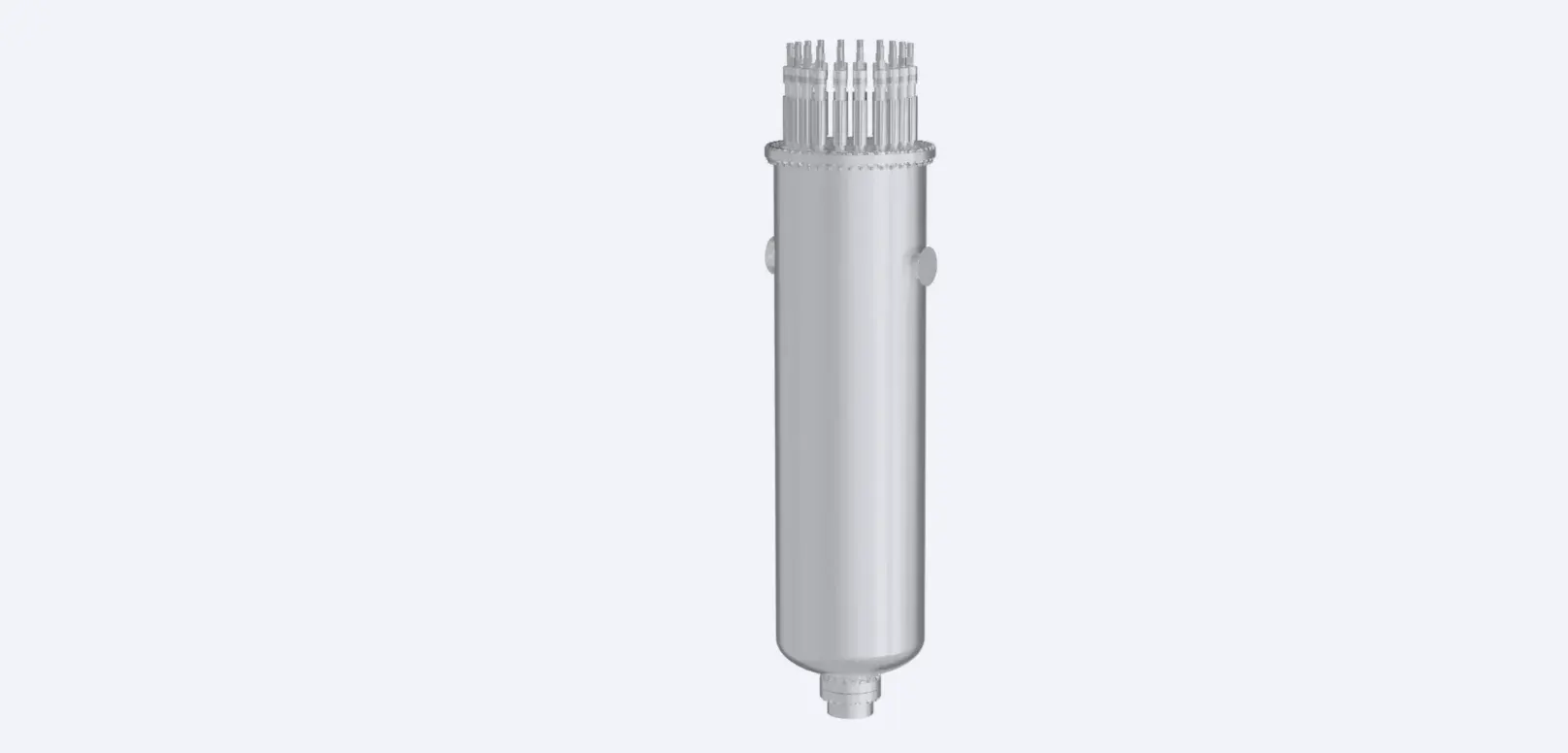 Silver cylindrical industrial vessel with multiple vertical tubes protruding from the top, viewed against a plain light background.