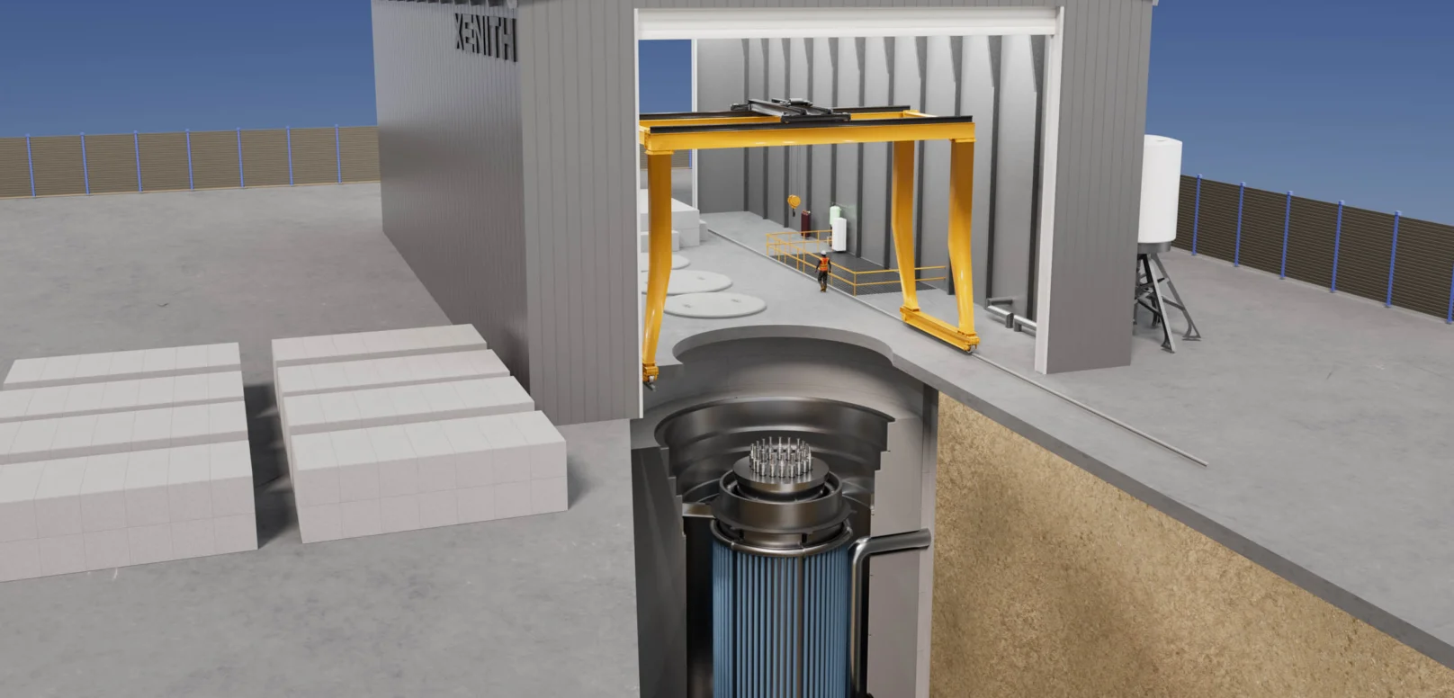 Cutaway illustration of a building housing an industrial facility with visible machinery inside and an underground nuclear reactor shown beneath the structure.