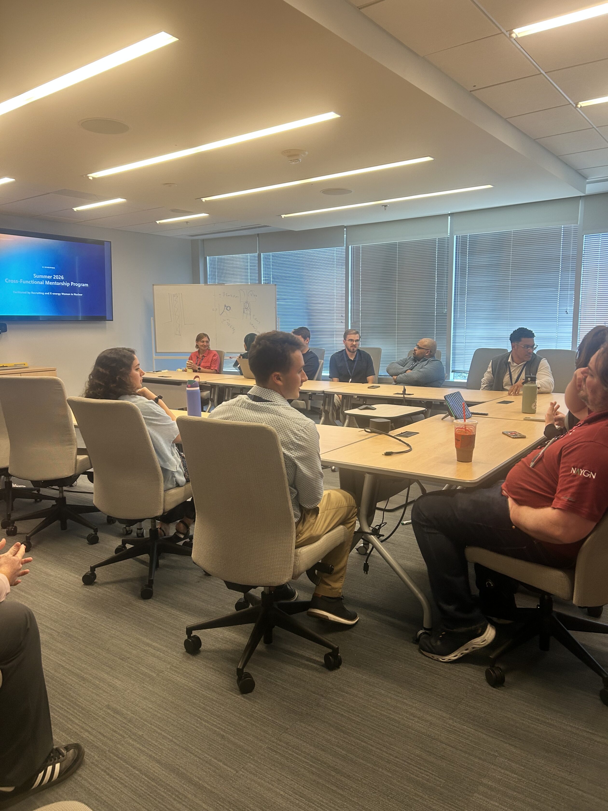 People seated around a conference table in an office meeting room, with a screen displaying a presentation and a whiteboard in the background.
