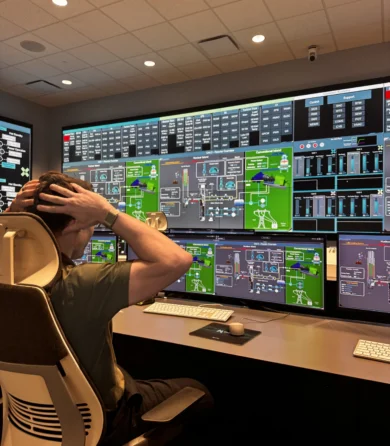 Person sitting at a control center desk monitors multiple screens displaying complex system diagrams and data.