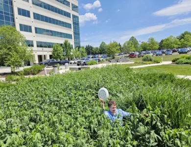 A person in business attire stands in tall greenery holding a white frisbee, with an office building, parking lot, and blue sky in the background.