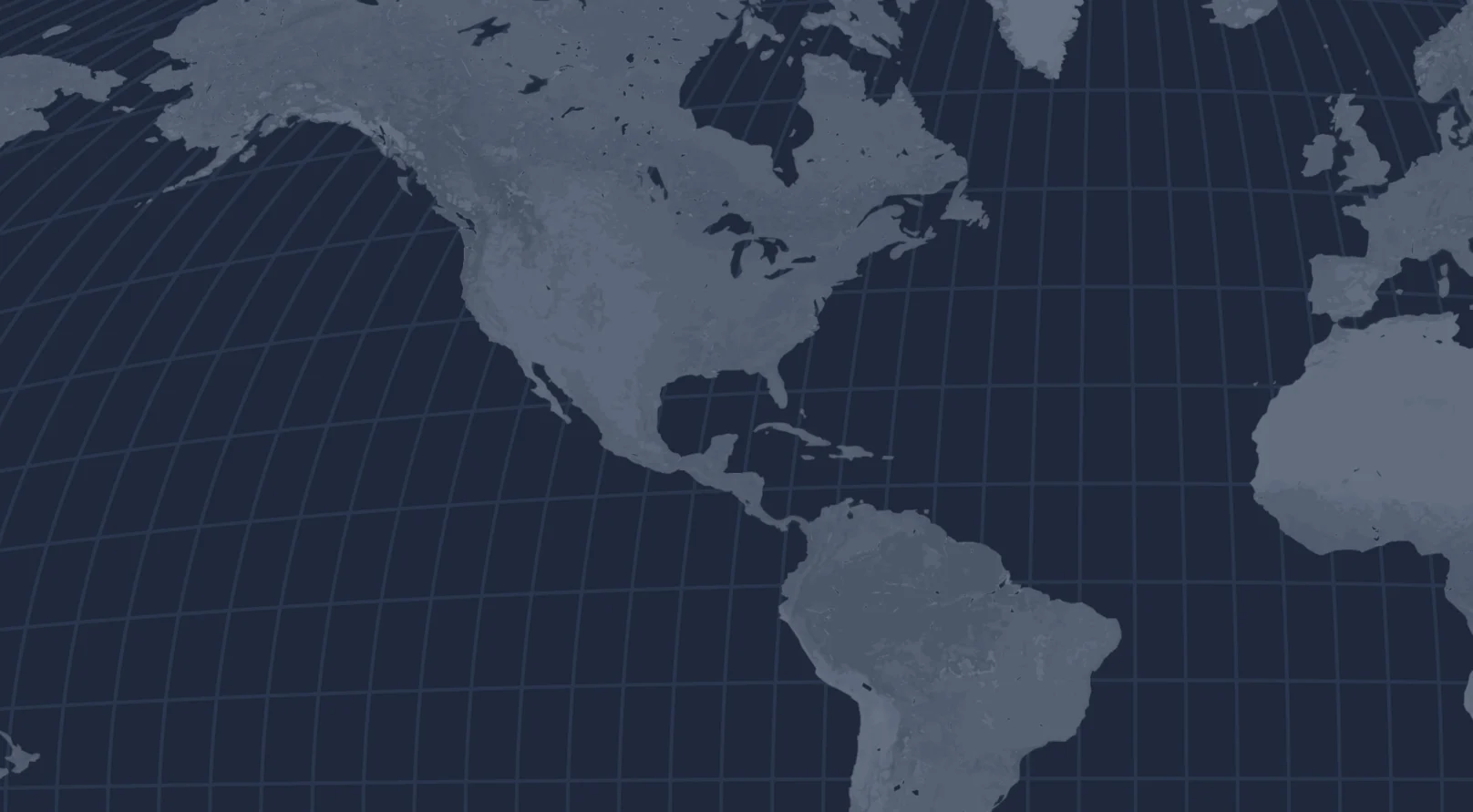 Map showing North America, Central America, and part of South America with grid lines on a dark blue background. Europe and Africa are partially visible on the right.