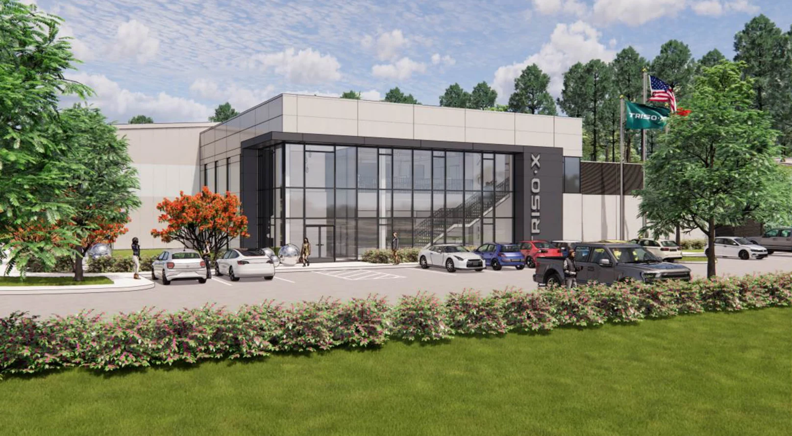 Exterior rendering of the RISO-X corporate building with a glass facade, parking lot, and landscaping.
