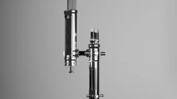 A technical illustration of two interconnected vertical metallic cylinders with cylindrical filters and pipe fittings.
