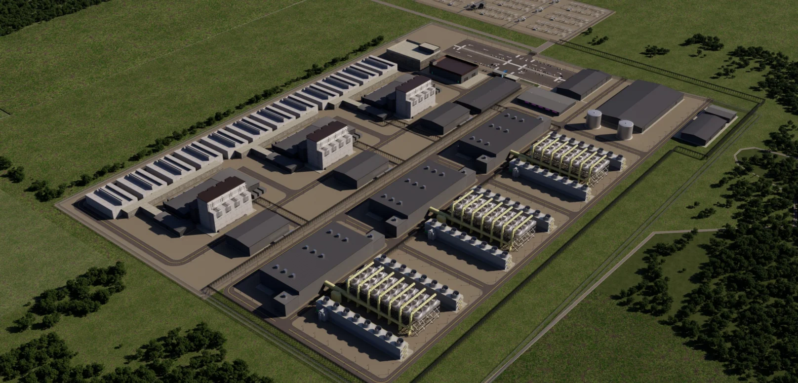 An aerial view of an industrial facility featuring several large buildings, storage tanks, and cooling units enclosed within a fenced perimeter.